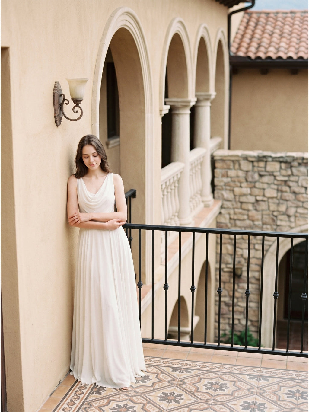 Ivory Chiffon A-Line Cowl Neck Back Zip Floor-Length Bridesmaid Dress with Pleated Details - Curvevia