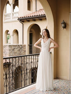 Ivory Chiffon A-Line Cowl Neck Back Zip Floor-Length Bridesmaid Dress with Pleated Details - Curvevia