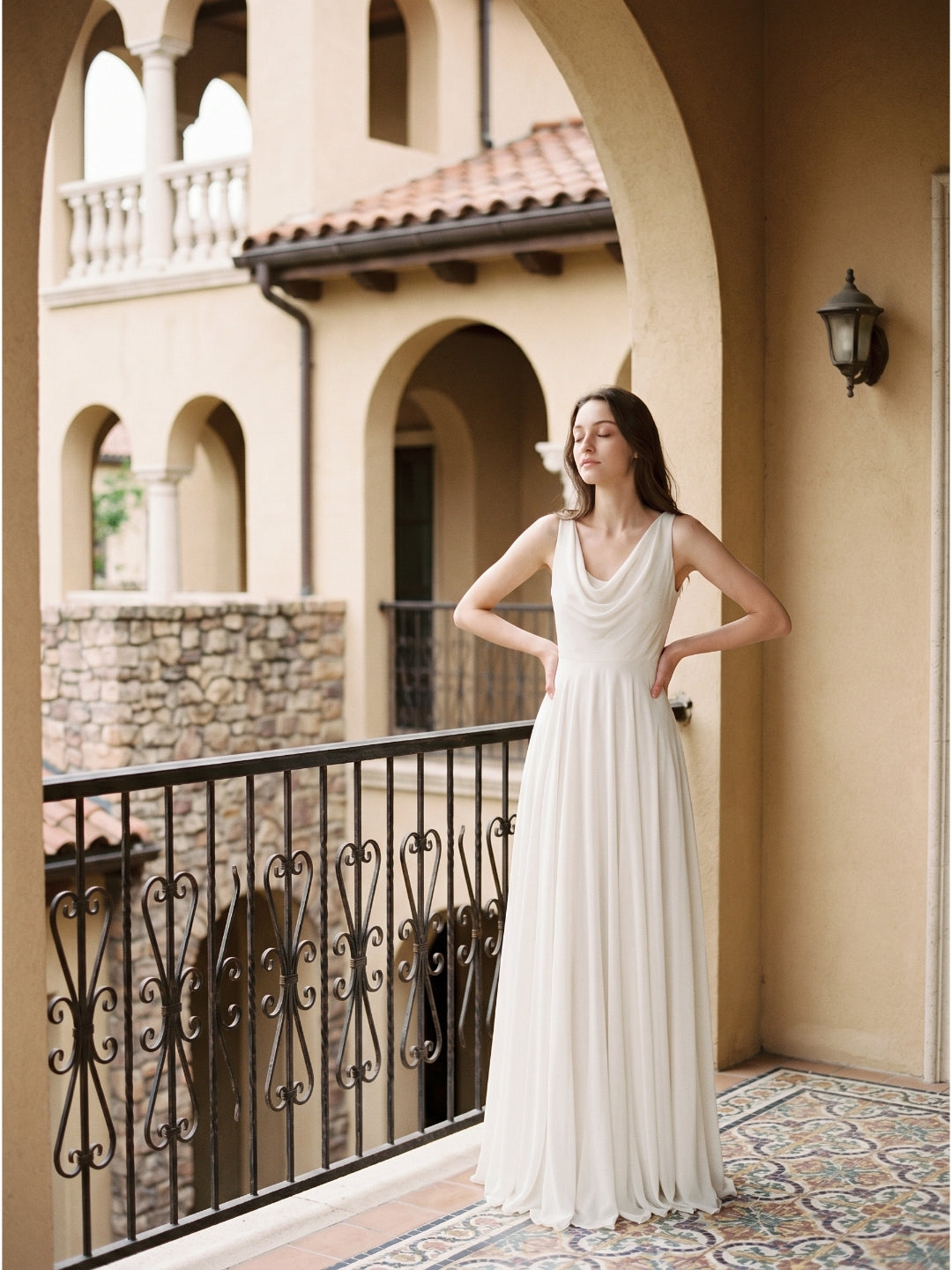 Ivory Chiffon A-Line Cowl Neck Back Zip Floor-Length Bridesmaid Dress with Pleated Details - Curvevia
