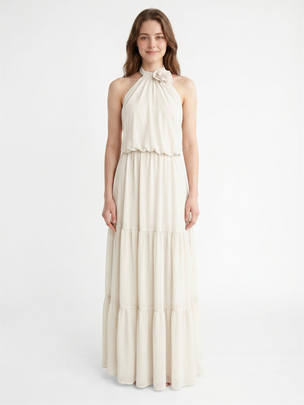 Ivory Chiffon A-Line Halter Backless Floor-Length Bridesmaid Dress with 3D Flower - Curvevia