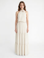 Ivory Chiffon A-Line Halter Backless Floor-Length Bridesmaid Dress with 3D Flower - Curvevia