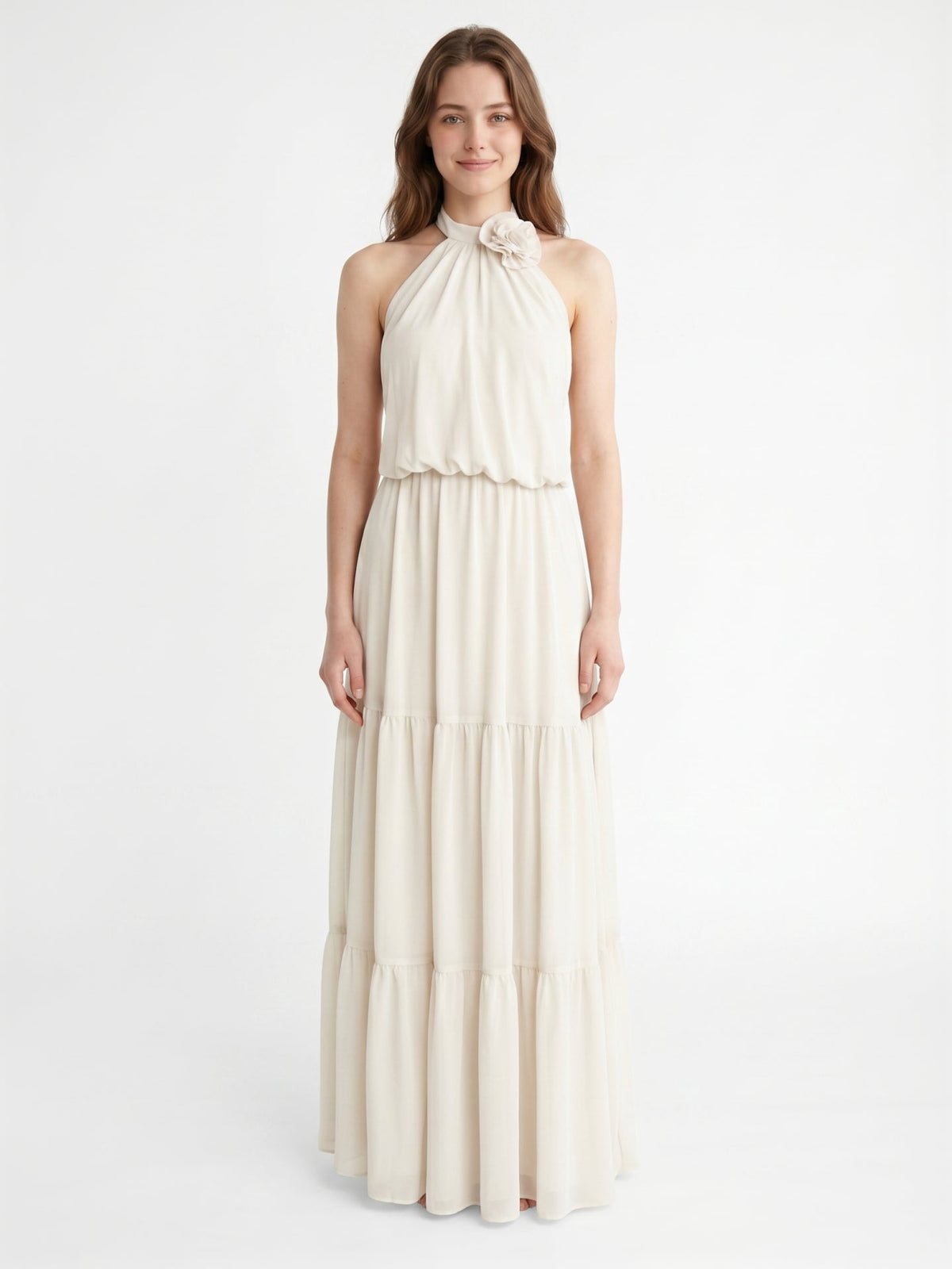 Ivory Chiffon A-Line Halter Backless Floor-Length Bridesmaid Dress with 3D Flower - Curvevia
