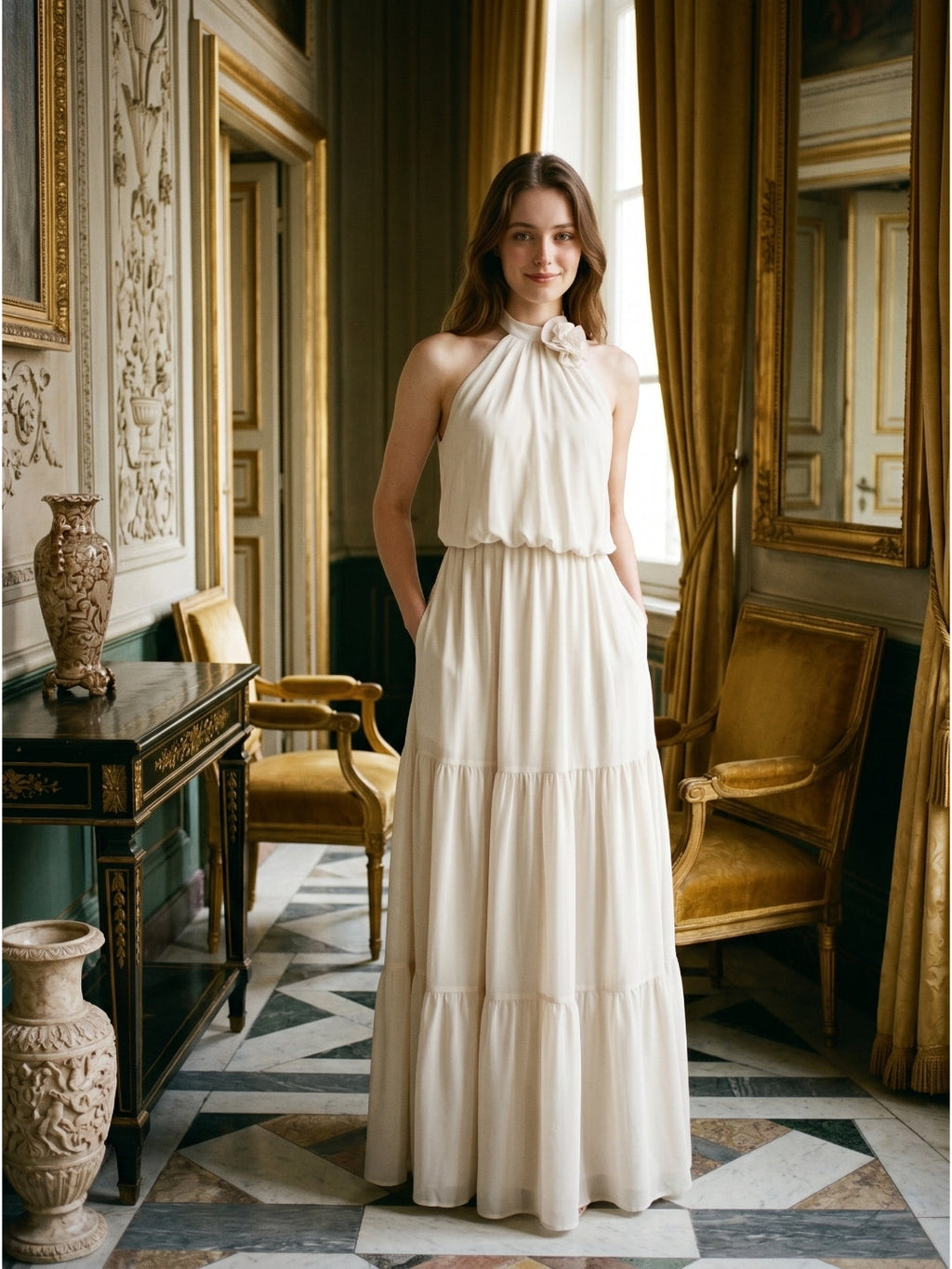 Ivory Chiffon A-Line Halter Backless Floor-Length Bridesmaid Dress with 3D Flower - Curvevia
