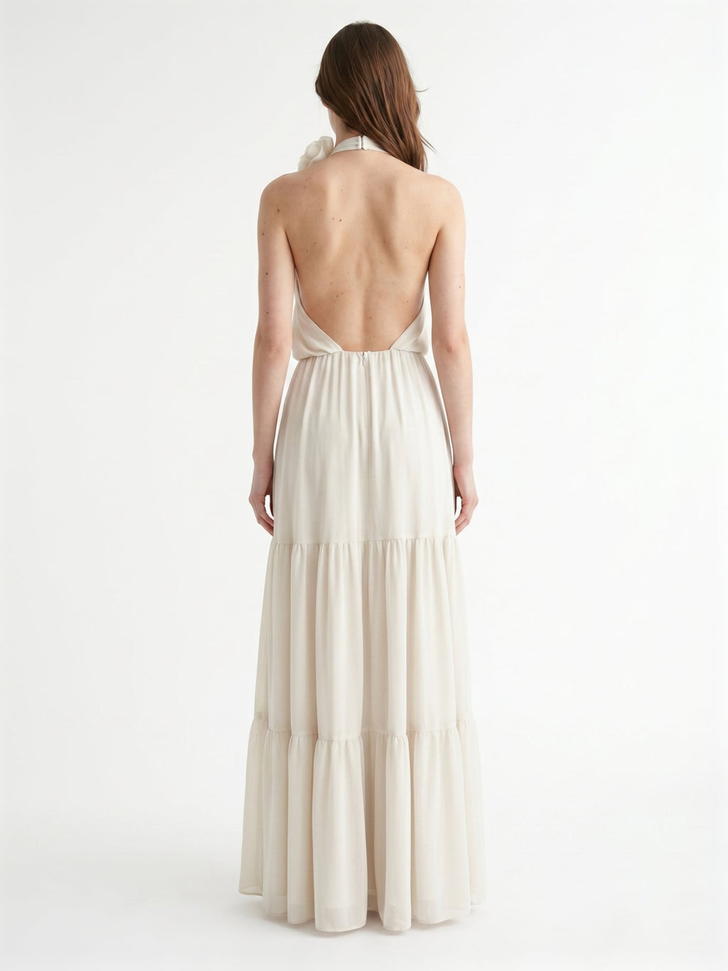 Ivory Chiffon A-Line Halter Backless Floor-Length Bridesmaid Dress with 3D Flower - Curvevia