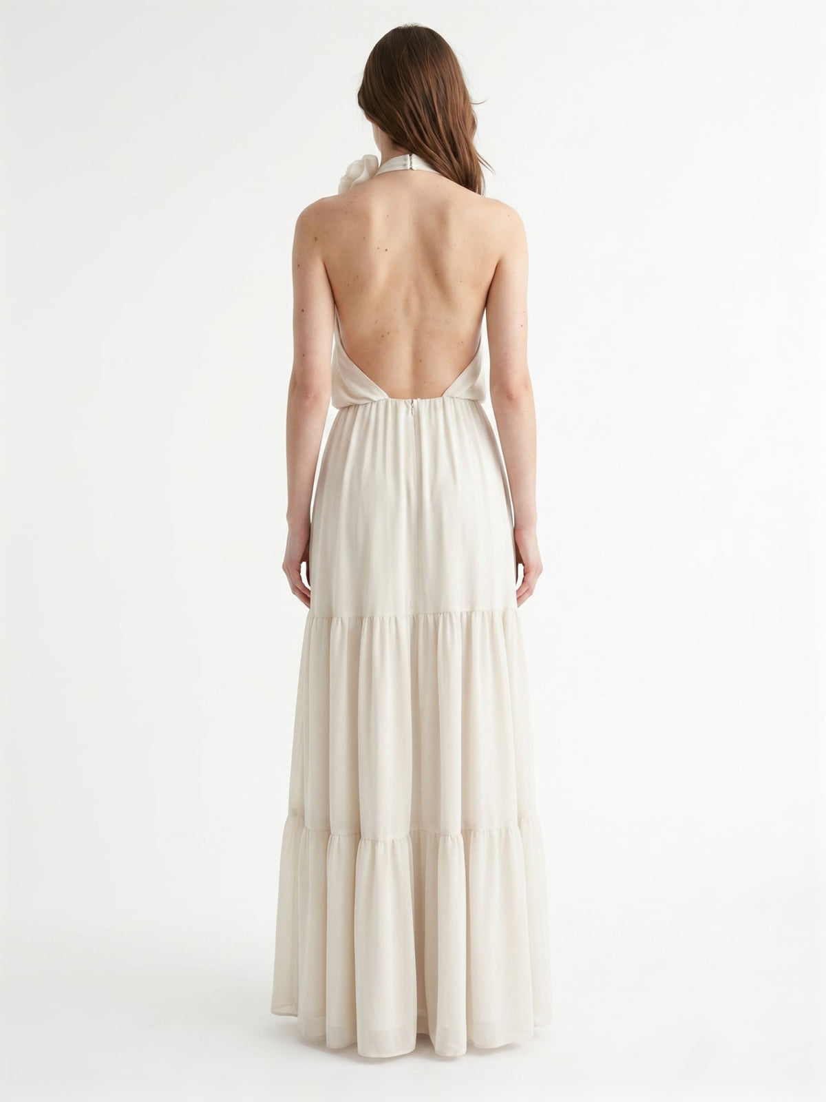 Ivory Chiffon A-Line Halter Backless Floor-Length Bridesmaid Dress with 3D Flower - Curvevia