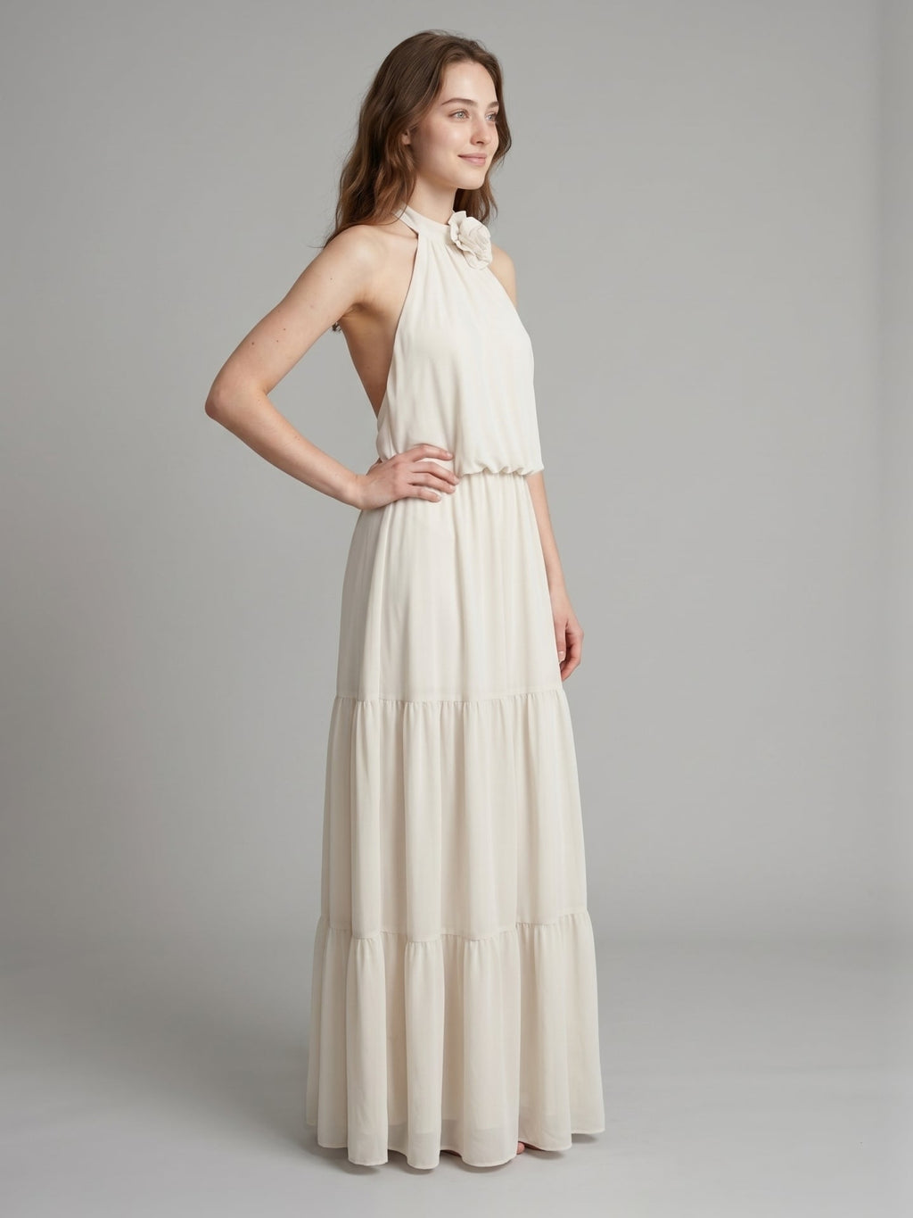 Ivory Chiffon A-Line Halter Backless Floor-Length Bridesmaid Dress with 3D Flower - Curvevia