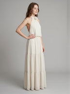 Ivory Chiffon A-Line Halter Backless Floor-Length Bridesmaid Dress with 3D Flower - Curvevia