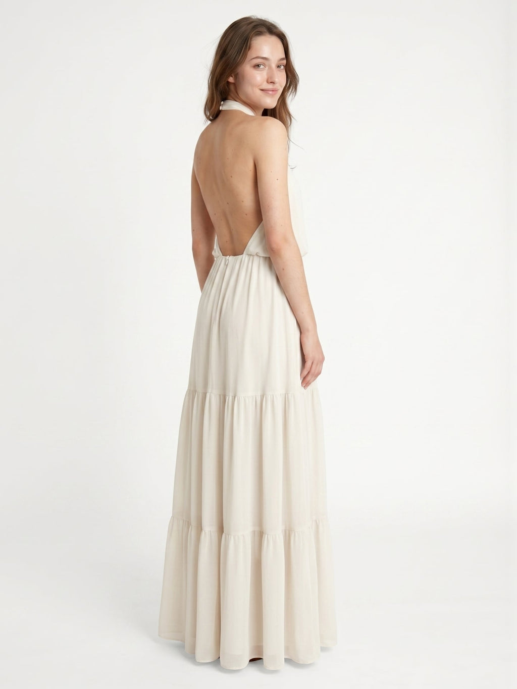 Ivory Chiffon A-Line Halter Backless Floor-Length Bridesmaid Dress with 3D Flower - Curvevia