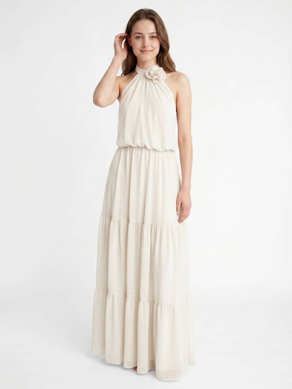 Ivory Chiffon A-Line Halter Backless Floor-Length Bridesmaid Dress with 3D Flower - Curvevia