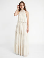 Ivory Chiffon A-Line Halter Backless Floor-Length Bridesmaid Dress with 3D Flower - Curvevia