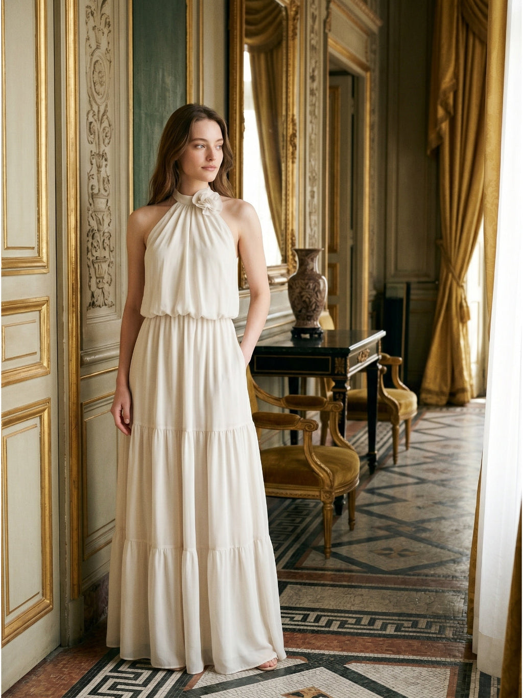 Ivory Chiffon A-Line Halter Backless Floor-Length Bridesmaid Dress with 3D Flower - Curvevia