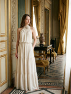 Ivory Chiffon A-Line Halter Backless Floor-Length Bridesmaid Dress with 3D Flower - Curvevia