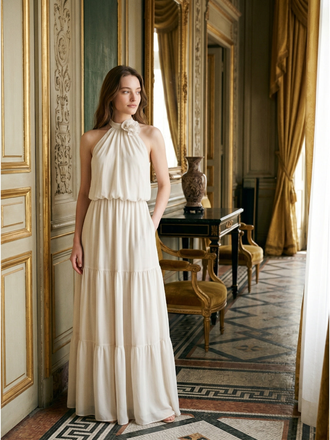 Ivory Chiffon A-Line Halter Backless Floor-Length Bridesmaid Dress with 3D Flower - Curvevia