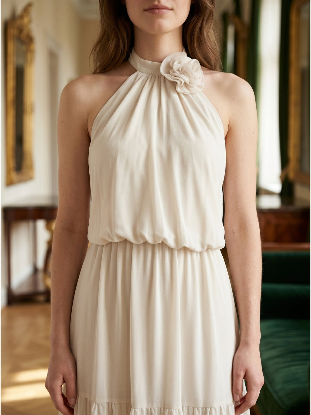 Ivory Chiffon A-Line Halter Backless Floor-Length Bridesmaid Dress with 3D Flower - Curvevia