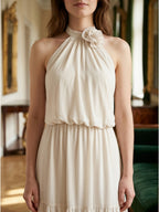 Ivory Chiffon A-Line Halter Backless Floor-Length Bridesmaid Dress with 3D Flower - Curvevia