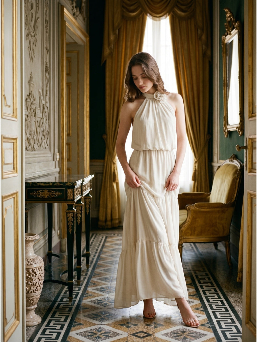 Ivory Chiffon A-Line Halter Backless Floor-Length Bridesmaid Dress with 3D Flower - Curvevia