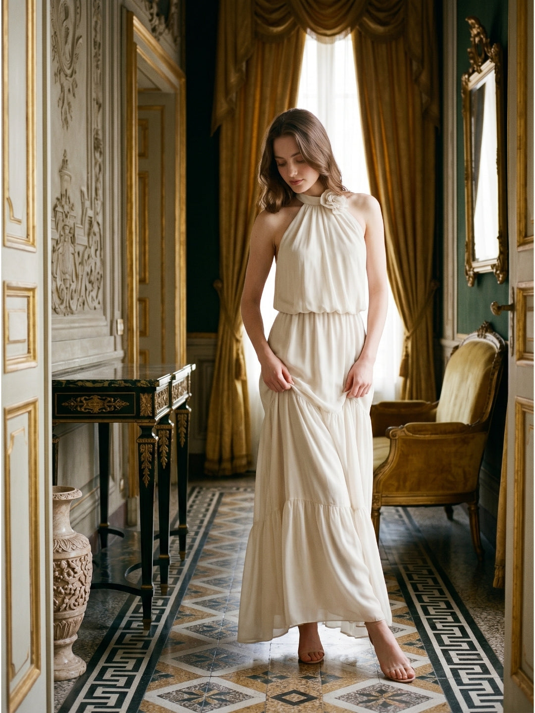 Ivory Chiffon A-Line Halter Backless Floor-Length Bridesmaid Dress with 3D Flower - Curvevia