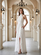 Ivory Chiffon A-Line Halter Bow Back Floor-Length Ruffle Bridesmaid Dress - Curvevia
