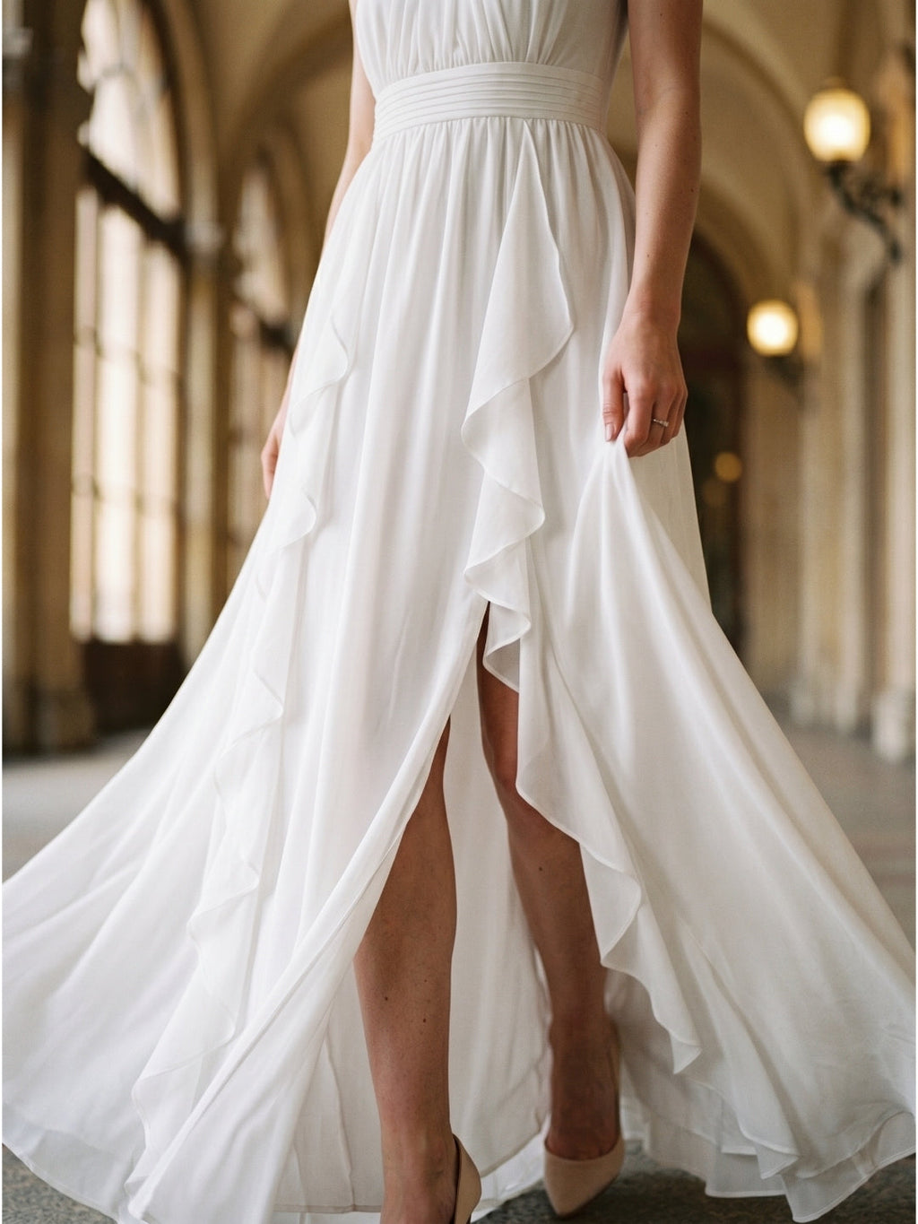 Ivory Chiffon A-Line Halter Bow Back Floor-Length Ruffle Bridesmaid Dress - Curvevia