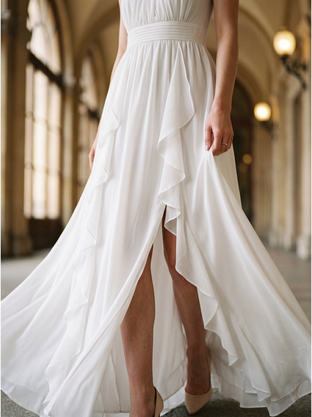 Ivory Chiffon A-Line Halter Bow Back Floor-Length Ruffle Bridesmaid Dress - Curvevia