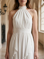Ivory Chiffon A-Line Halter Bow Back Floor-Length Ruffle Bridesmaid Dress - Curvevia