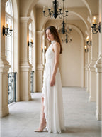 Ivory Chiffon A-Line Halter Bow Back Floor-Length Ruffle Bridesmaid Dress - Curvevia
