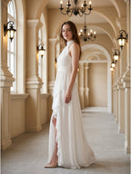 Ivory Chiffon A-Line Halter Bow Back Floor-Length Ruffle Bridesmaid Dress - Curvevia