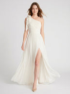 Ivory Chiffon A-Line One Shoulder Floor-Length Bridesmaid Dress with 3D Flower - Curvevia