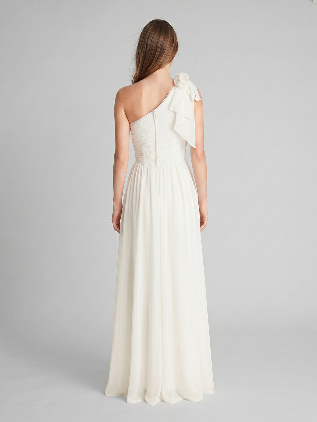 Ivory Chiffon A-Line One Shoulder Floor-Length Bridesmaid Dress with 3D Flower - Curvevia