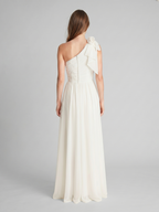 Ivory Chiffon A-Line One Shoulder Floor-Length Bridesmaid Dress with 3D Flower - Curvevia