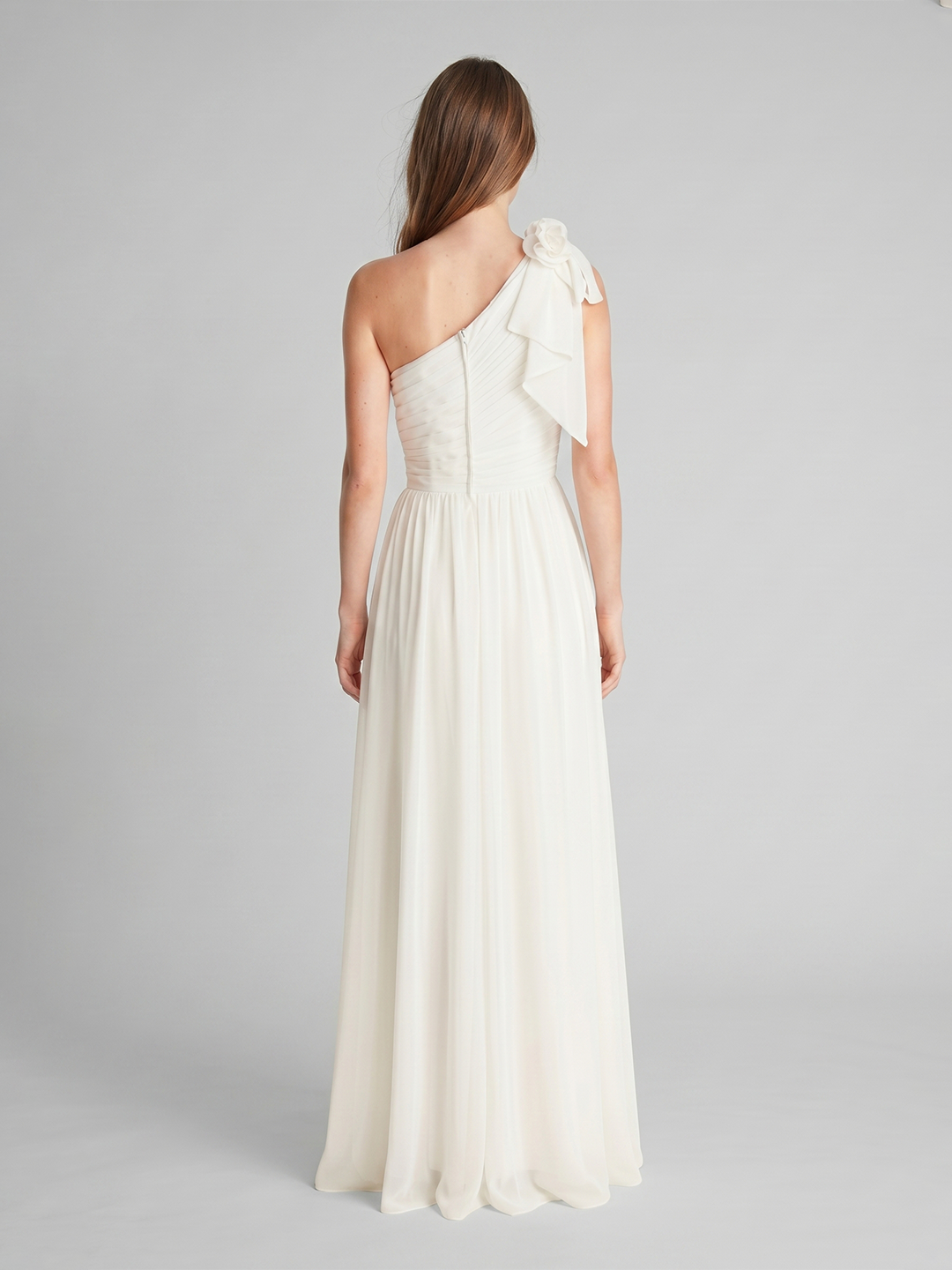 Ivory Chiffon A-Line One Shoulder Floor-Length Bridesmaid Dress with 3D Flower - Curvevia