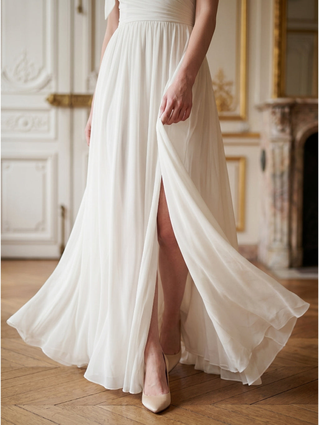 Ivory Chiffon A-Line One Shoulder Floor-Length Bridesmaid Dress with 3D Flower - Curvevia