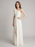 Ivory Chiffon A-Line One Shoulder Floor-Length Bridesmaid Dress with 3D Flower - Curvevia