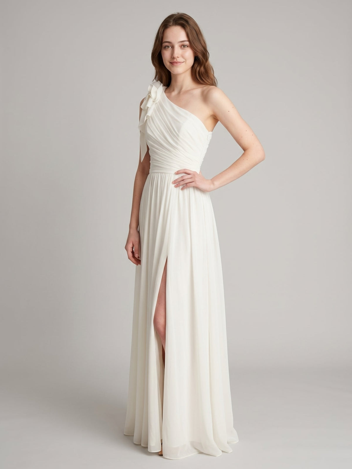 Ivory Chiffon A-Line One Shoulder Floor-Length Bridesmaid Dress with 3D Flower - Curvevia