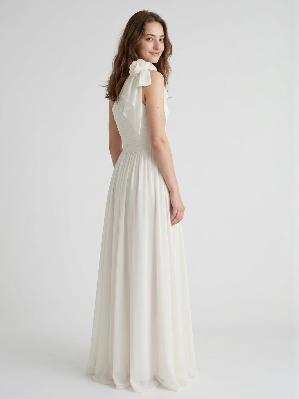 Ivory Chiffon A-Line One Shoulder Floor-Length Bridesmaid Dress with 3D Flower - Curvevia