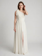 Ivory Chiffon A-Line One Shoulder Floor-Length Bridesmaid Dress with 3D Flower - Curvevia