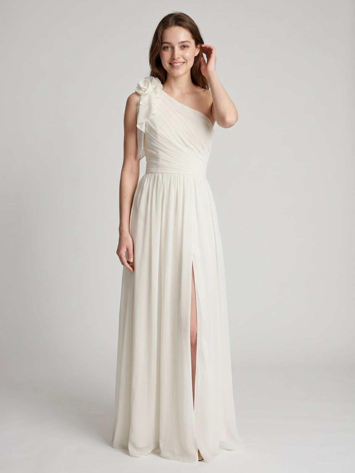 Ivory Chiffon A-Line One Shoulder Floor-Length Bridesmaid Dress with 3D Flower - Curvevia