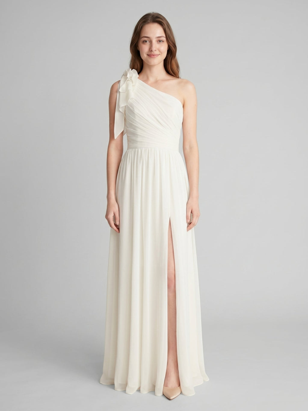 Ivory Chiffon A-Line One Shoulder Floor-Length Bridesmaid Dress with 3D Flower - Curvevia