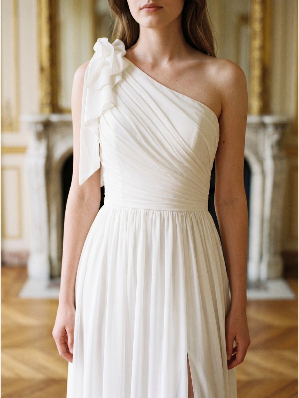 Ivory Chiffon A-Line One Shoulder Floor-Length Bridesmaid Dress with 3D Flower - Curvevia