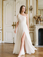 Ivory Chiffon A-Line One Shoulder Floor-Length Bridesmaid Dress with 3D Flower - Curvevia