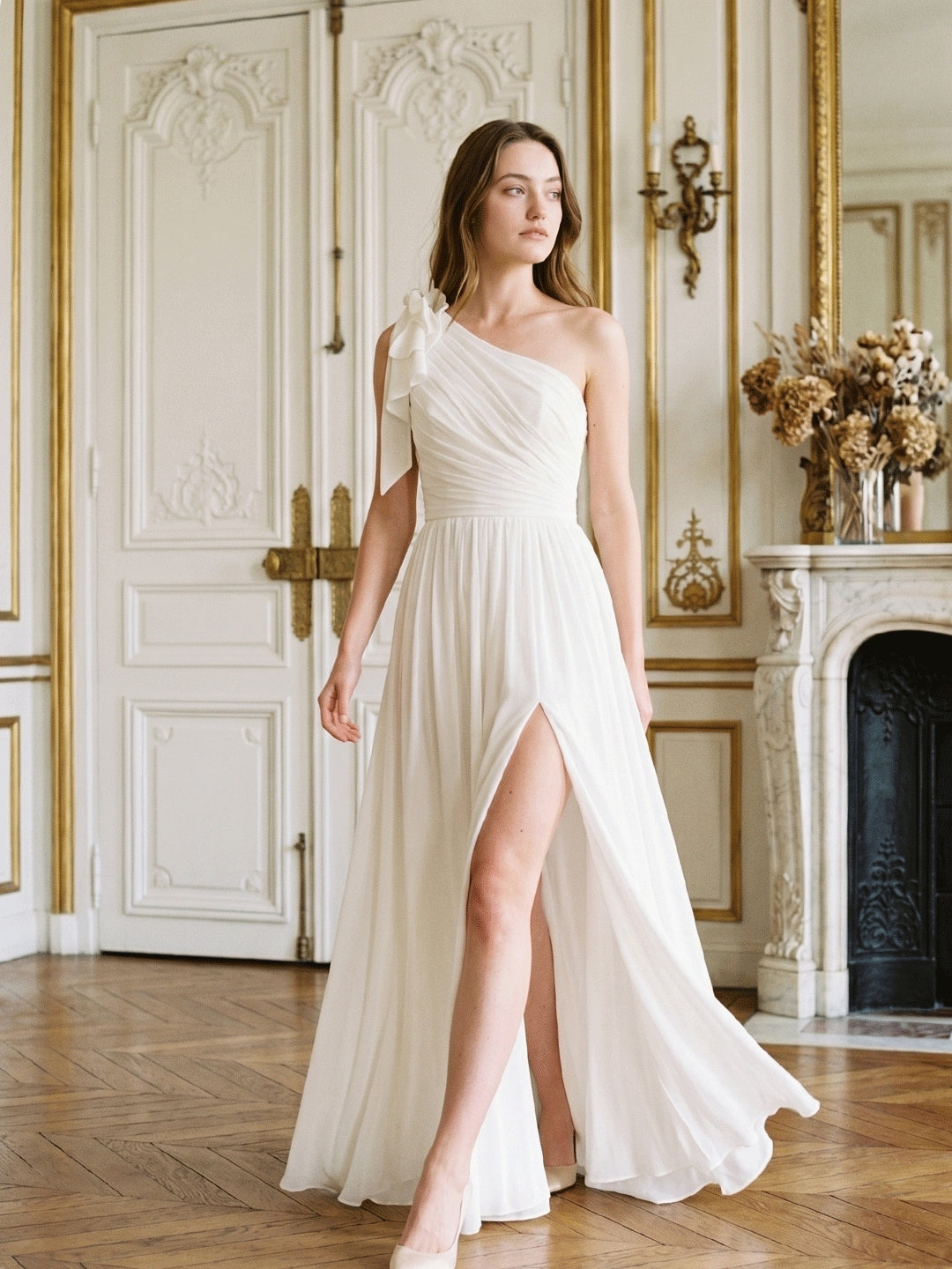 Ivory Chiffon A-Line One Shoulder Floor-Length Bridesmaid Dress with 3D Flower - Curvevia