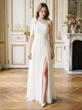 Ivory Chiffon A-Line One Shoulder Floor-Length Bridesmaid Dress with 3D Flower - Curvevia