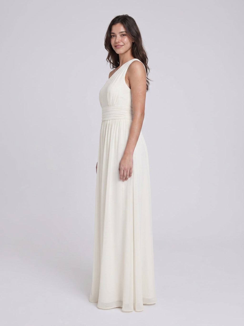 Ivory Chiffon A-Line One Shoulder Side Zip Floor-Length Bridesmaid Dress - Curvevia