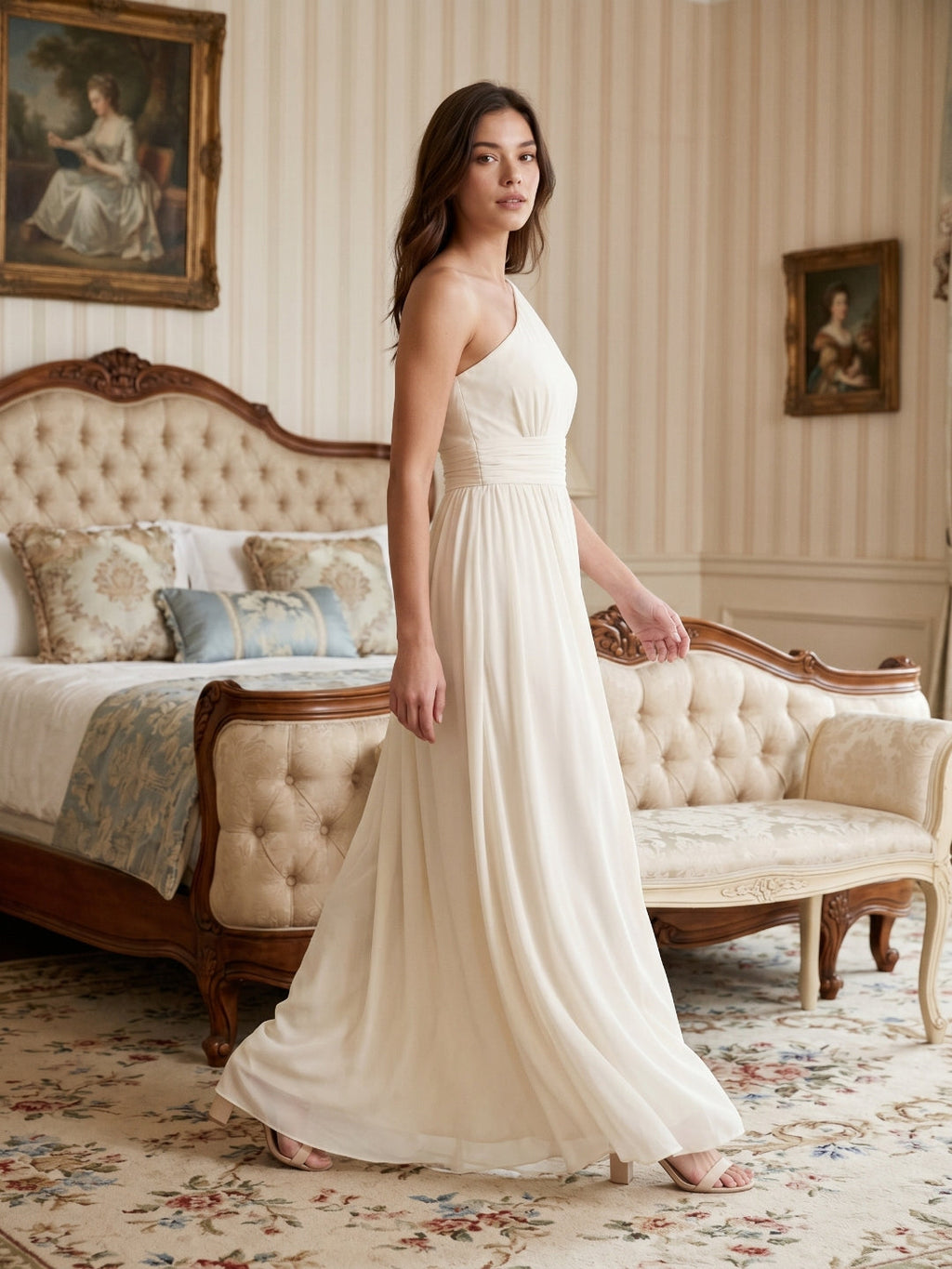 Ivory Chiffon A-Line One Shoulder Side Zip Floor-Length Bridesmaid Dress - Curvevia
