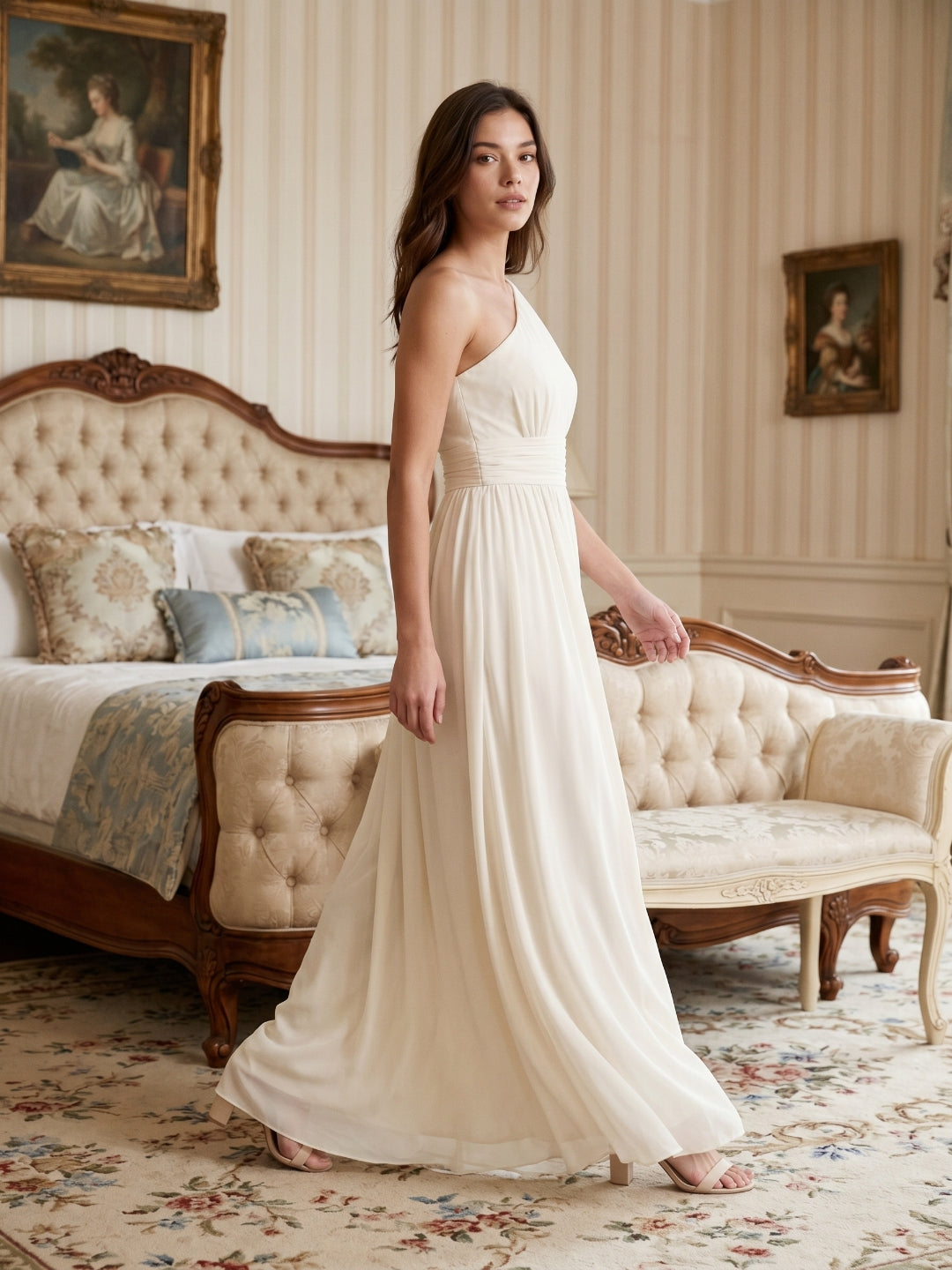 Ivory Chiffon A-Line One Shoulder Side Zip Floor-Length Bridesmaid Dress - Curvevia
