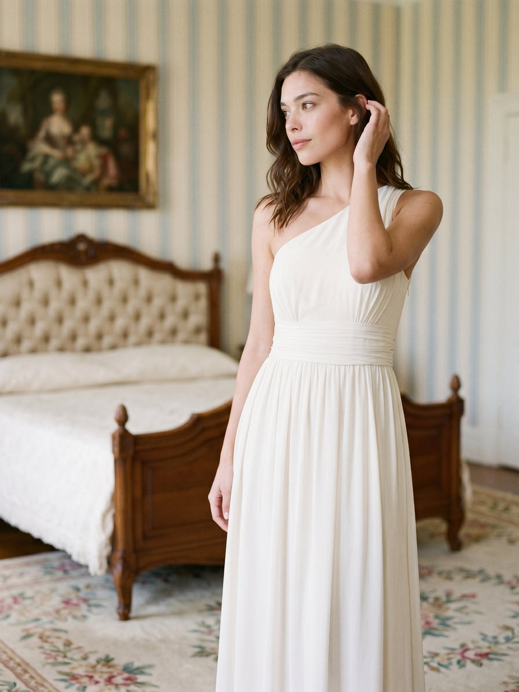 Ivory Chiffon A-Line One Shoulder Side Zip Floor-Length Bridesmaid Dress - Curvevia