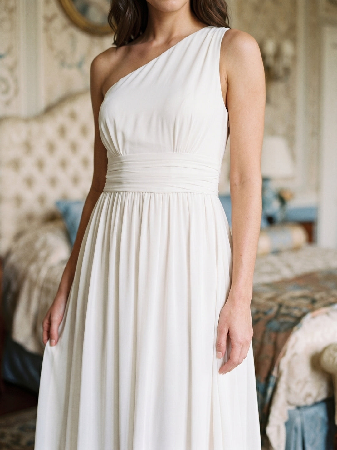Ivory Chiffon A-Line One Shoulder Side Zip Floor-Length Bridesmaid Dress - Curvevia