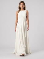Ivory Chiffon A-Line Scoop Neck V-Back Floor-Length Pleated Bridesmaid Dress - Curvevia