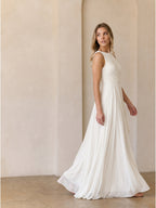 Ivory Chiffon A-Line Scoop Neck V-Back Floor-Length Pleated Bridesmaid Dress - Curvevia