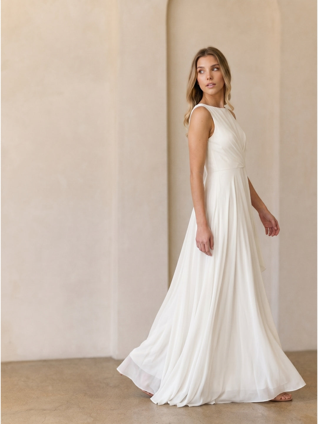 Ivory Chiffon A-Line Scoop Neck V-Back Floor-Length Pleated Bridesmaid Dress - Curvevia